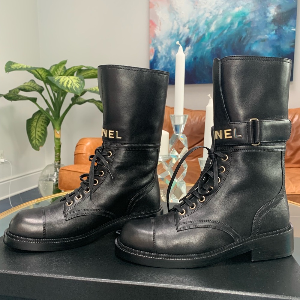 New CHANEL LOGO LACE UPS 22A Calfskin and Lambskin Combat Boots black Size 38